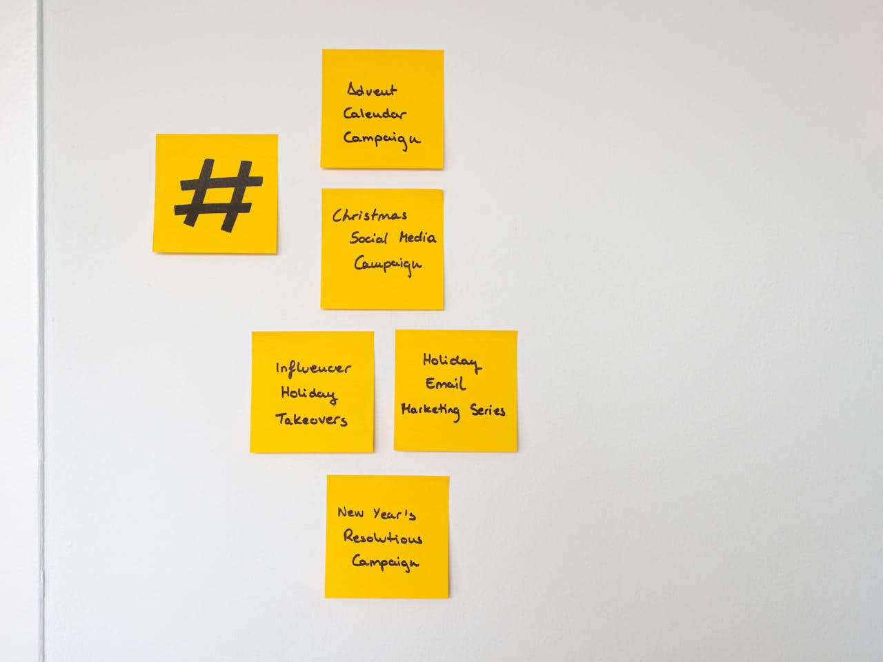 Organized yellow sticky notes on a white wall for holiday marketing strategies.